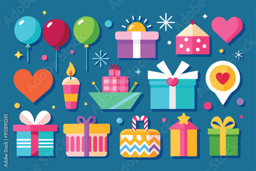 A diverse assortment of cheerful icons ideal for greeting card designs showcases gift boxes, balloons, hearts, and festive decorations against a bright backdrop