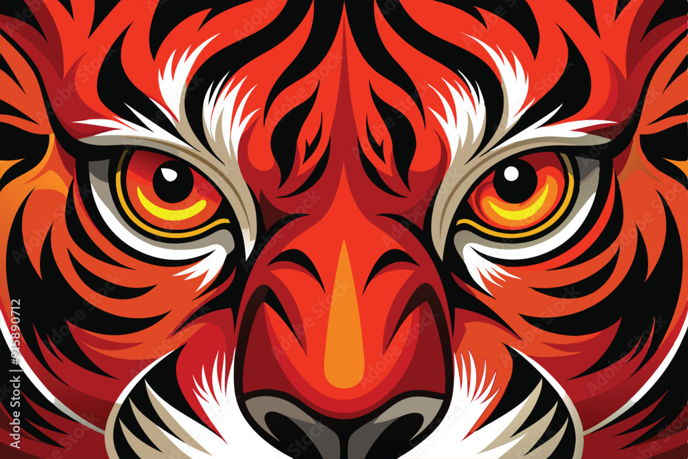 The intense gaze of a red tiger captures attention, showcasing vibrant colors and intricate patterns around the big, expressive eyes The intense gaze of a red tiger captures attention, showcasing vibrant colors and intricate patterns around the big, expressive eyes