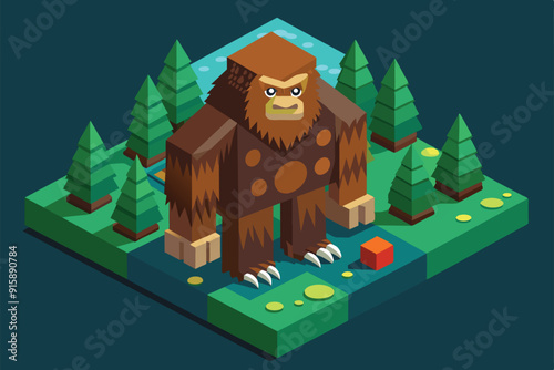 A large, customizable bigfoot stands in a vibrant forest setting, surrounded by trees and water, showcasing an engaging outdoor exploration