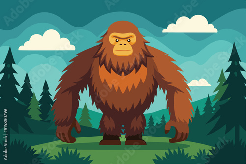 A large, mythical creature with shaggy fur stands in a vibrant forest, surrounded by tall trees and soft clouds in the background