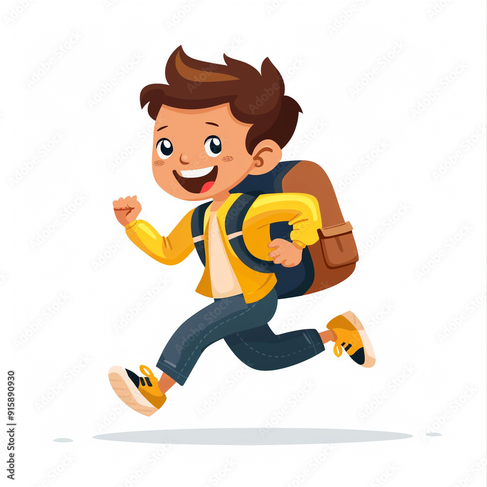 Young boy happily running with a backpack on a bright day outdoors Young boy happily running with a backpack on a bright day outdoors