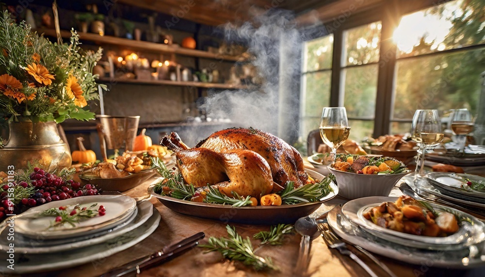 Fototapeta premium A warm, inviting Thanksgiving feast features a golden roast turkey, vibrant sides, and a beautifully decorated pumpkin pie. The cozy table is adorned with autumnal accents, exuding comfort and festive