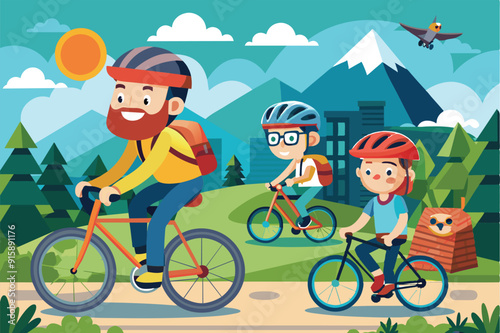 A family rides their bikes through a vibrant mountain landscape under a clear blue sky, enjoying a perfect day outdoors