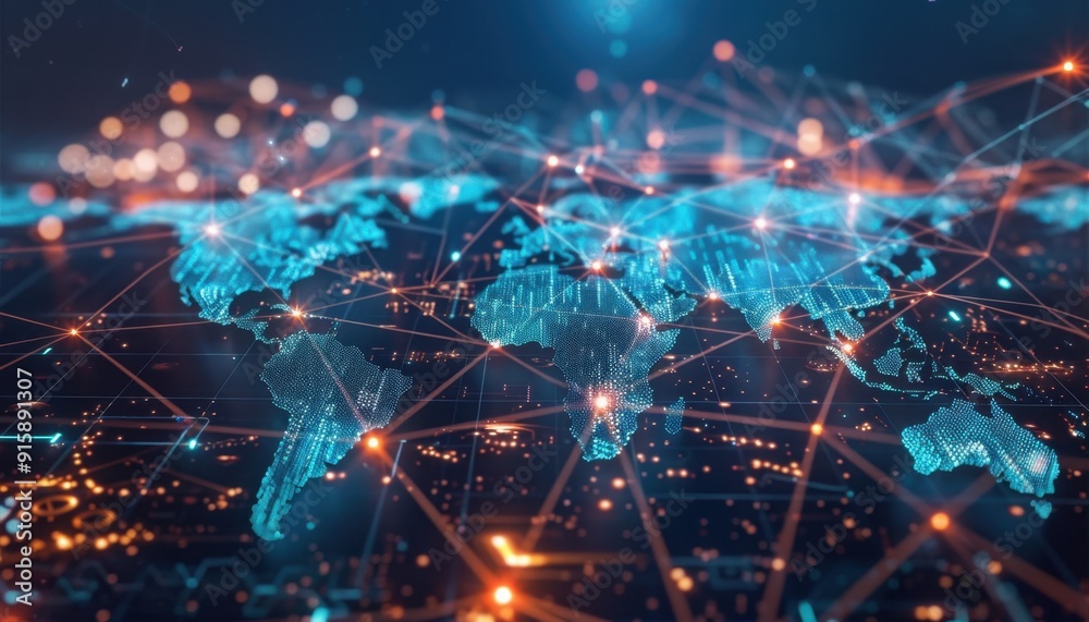 Global Connectivity Through Digital Network Mapping Represented by a Vibrant Interactive Map of the World Global Connectivity Through Digital Network Mapping Represented by a Vibrant Interactive Map of the World