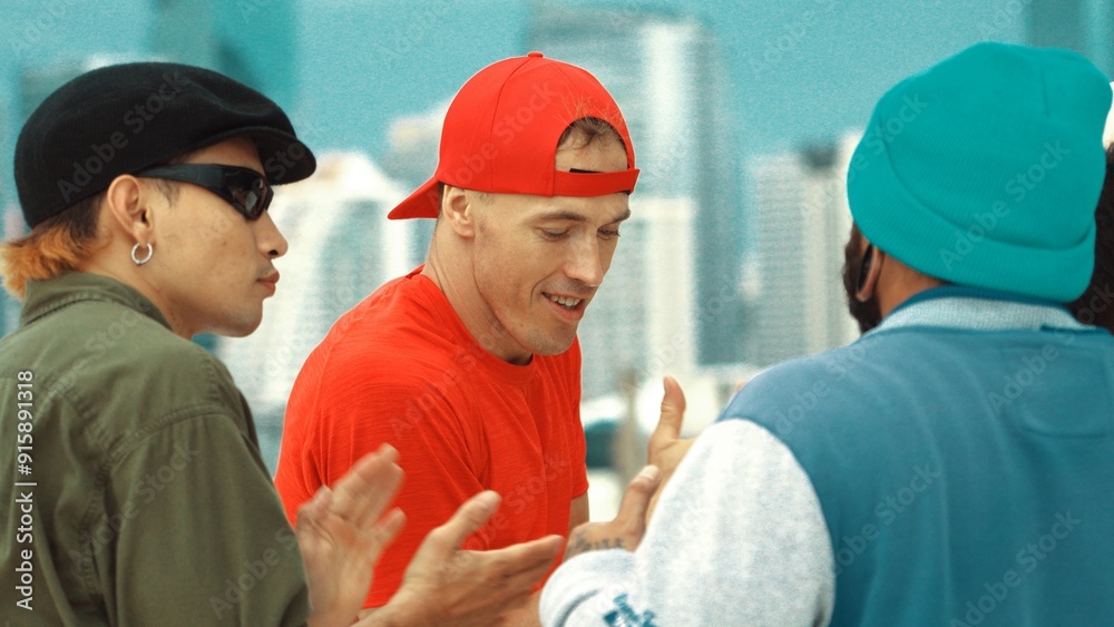 Closeup of street dancer wear colorful outfit while dance together. Group of attractive hipster dance and move to hip-hop music at skyscraper and city view. Break dance. Outdoor sport 2024. Hiphop. Closeup of street dancer wear colorful outfit while dance together. Group of attractive hipster dance and move to hip-hop music at skyscraper and city view. Break dance. Outdoor sport 2024. Hiphop.