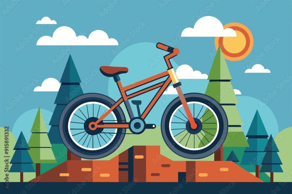 Fototapeta premium A vibrant bike stands poised on a rocky surface surrounded by tall pine trees under a clear blue sky and shining sun