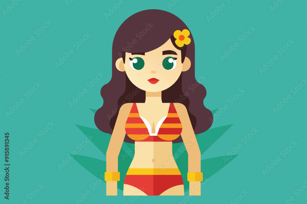 A vibrant illustration of a woman wearing a customized bikini and tropical accessories, perfect for summer-themed designs or projects A vibrant illustration of a woman wearing a customized bikini and tropical accessories, perfect for summer-themed designs or projects