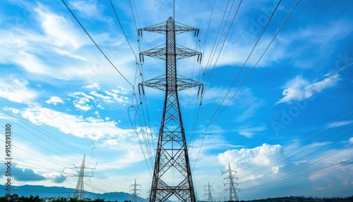 High Voltage Power Lines Stretching Across a Clear Blue Sky in Daylight