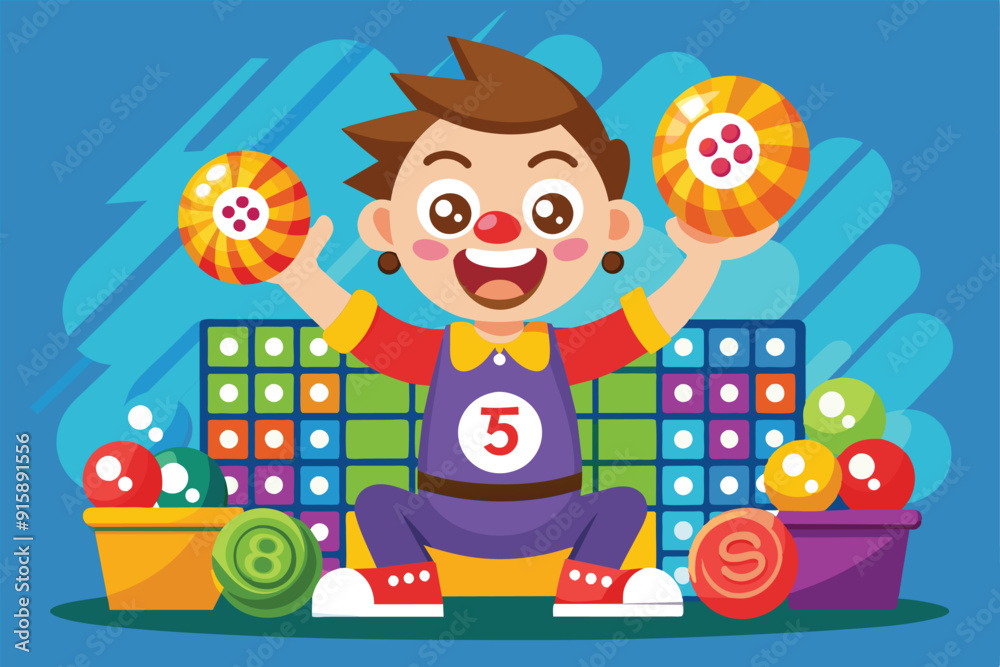 Naklejka premium A joyful young boy holds vibrant bingo balls while sitting amidst colorful containers and playing cards in a playful environment