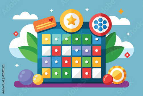 A vibrant bingo game board displays colorful tiles and markers, inviting players to engage in a fun, interactive gameplay experience