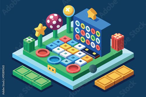 A vibrant isometric illustration displaying a customizable bingo game featuring colorful shapes and playful design elements on a dynamic base