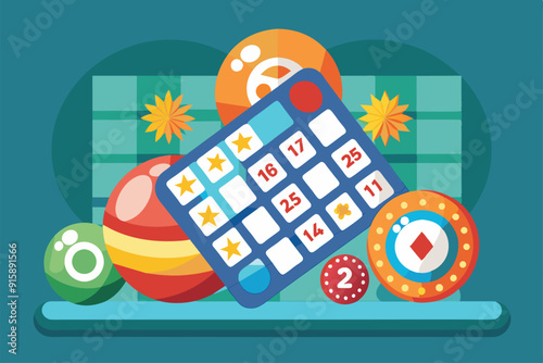 Colorful bingo game items including a card, balls, and tokens create a festive atmosphere for friendly competition among players