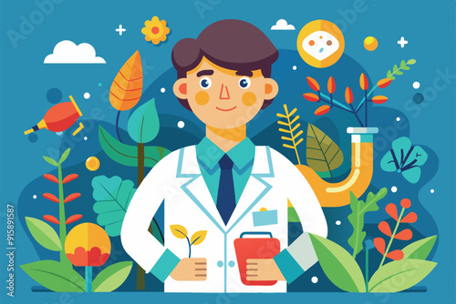 A biologist in a white lab coat holds a plant while surrounded by vibrant foliage and scientific elements against a blue background