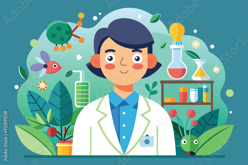 A biologist actively engages in research within a vibrant lab filled with plants and colorful scientific apparatus, showcasing a love for nature and science