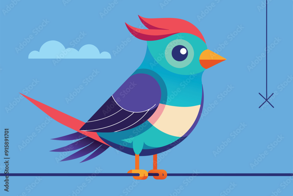 A vibrant bird stands on a wire, sporting distinct colors, set against a clear blue backdrop with fluffy clouds