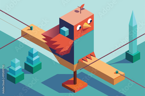 A vibrant bird stands on a wire, balancing gracefully as it overlooks a serene landscape with geometric trees and crystals