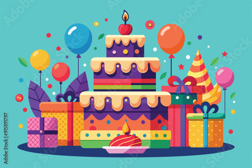 A vibrant birthday cake with colorful layers and a cherry on top is accompanied by balloons, presents, and party hats, creating a joyful festive atmosphere