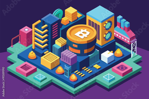 A detailed isometric illustration depicting Bitcoin in a colorful urban environment, showcasing various buildings and elements related to cryptocurrency