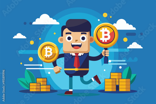 A cheerful cartoon character holds Bitcoin symbols while running amidst stacks of coins and green foliage, showcasing excitement and prosperity