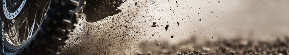 Fototapeta premium Dynamic Close-up of a Dirt Bike Tire Spinning Rapidly, Kicking Up Dust and Debris in an Intense Action Shot, Ideal for Thrill-Seekers and Adventure Enthusiasts.