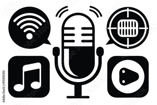 Various black and white icons depict voice communication, audio controls, and streaming features commonly found in digital applications