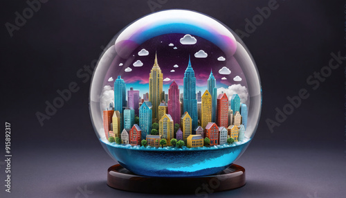 Conceptual representation of a city wrapped in a bubble, city as a self-contained system, rising population and urbanization