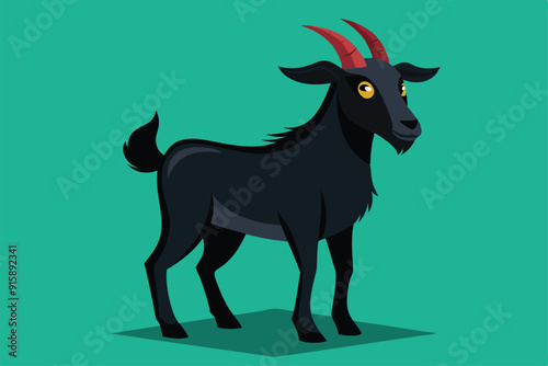 A black goat stands on its hind legs, showcasing its playful nature against a bright cyan backdrop, embodying an energetic and lively atmosphere