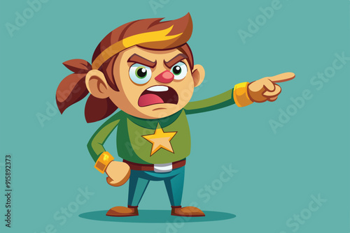 A customizable cartoon character with a fierce expression is angrily pointing while dressed in a green shirt and blue pants