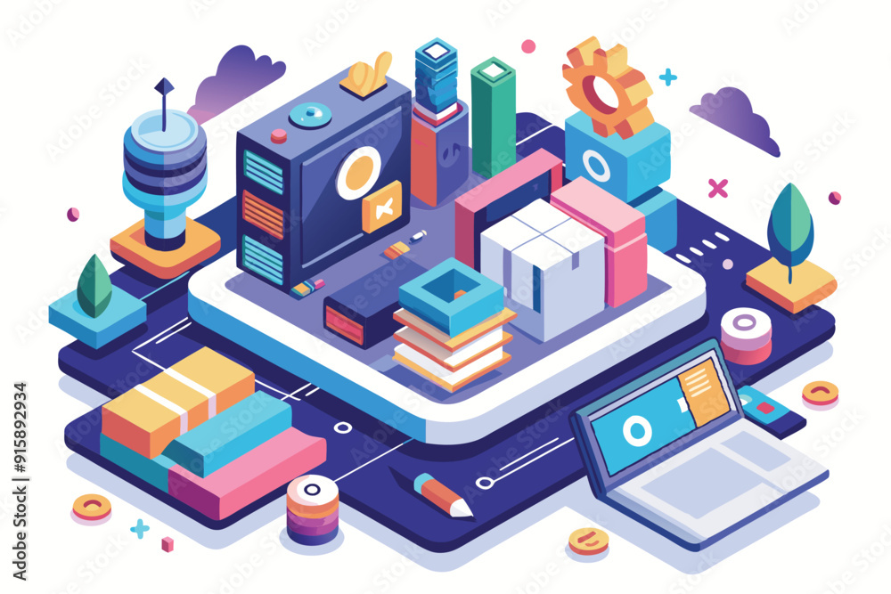 A colorful isometric illustration showcasing blogging elements, digital devices, books, and tools in a vibrant workspace setting