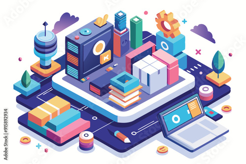 A colorful isometric illustration showcasing blogging elements, digital devices, books, and tools in a vibrant workspace setting