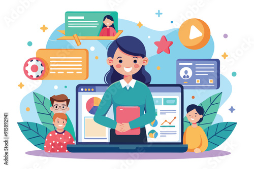 A cheerful character stands before a laptop, surrounded by digital elements representing online learning and student engagement
