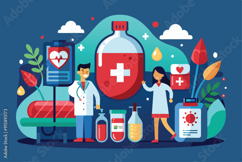 A vibrant representation of a blood donation campaign featuring healthcare professionals, blood components, and donation tools in a bright, friendly atmosphere