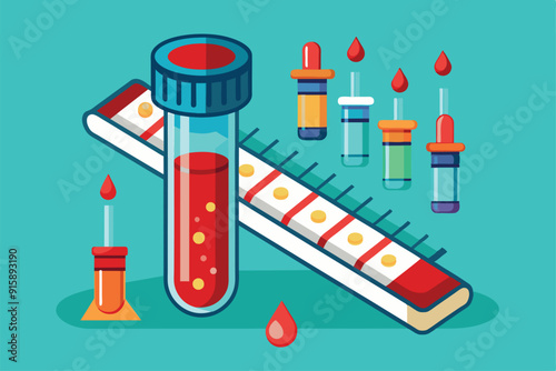 A vibrant illustration showcases a test tube filled with blood alongside various colorful test tubes and pipettes, highlighting the blood testing process