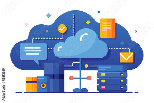 A vibrant blue vector design illustrating cloud storage concepts, featuring icons for communication and data management in a modern digital environment