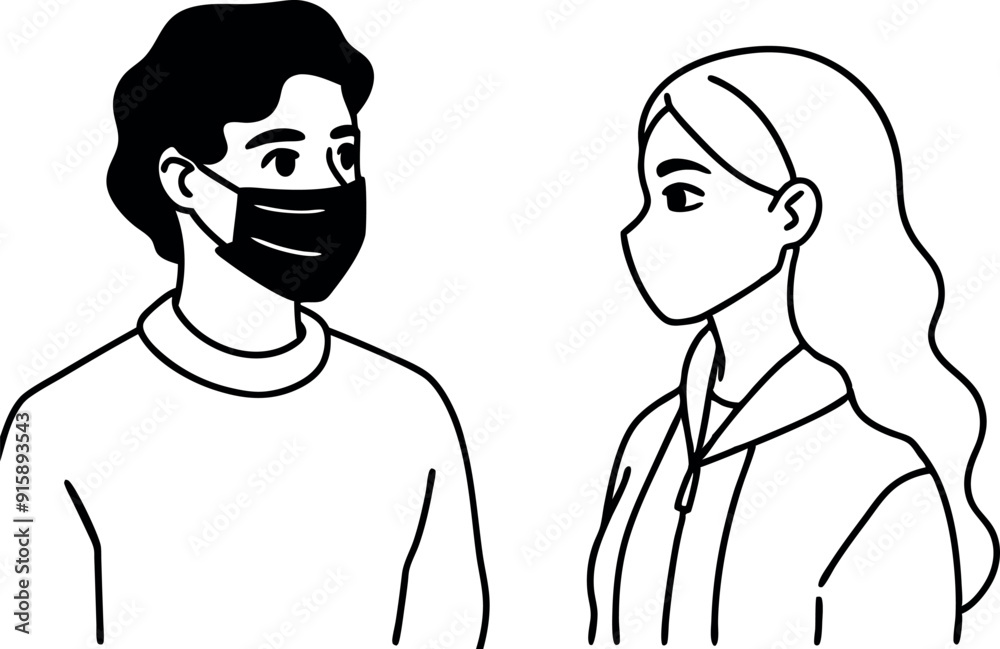 Illustration of Two People Wearing Face Masks in Conversation Illustration of Two People Wearing Face Masks in Conversation