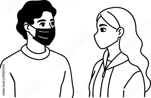 Illustration of Two People Wearing Face Masks in Conversation