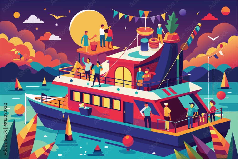 Obraz premium A lively boat party features friends enjoying activities and festivities as the sun sets, surrounded by colorful decorations and a scenic lake backdrop