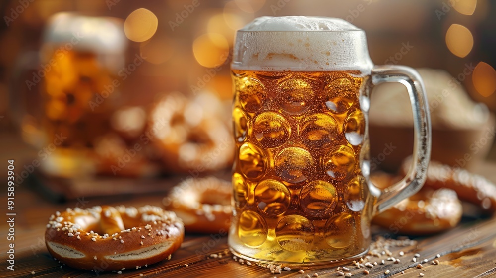 Fresh beer with foam and pretzels on a wooden table, with warm lights in the background Fresh beer with foam and pretzels on a wooden table, with warm lights in the background