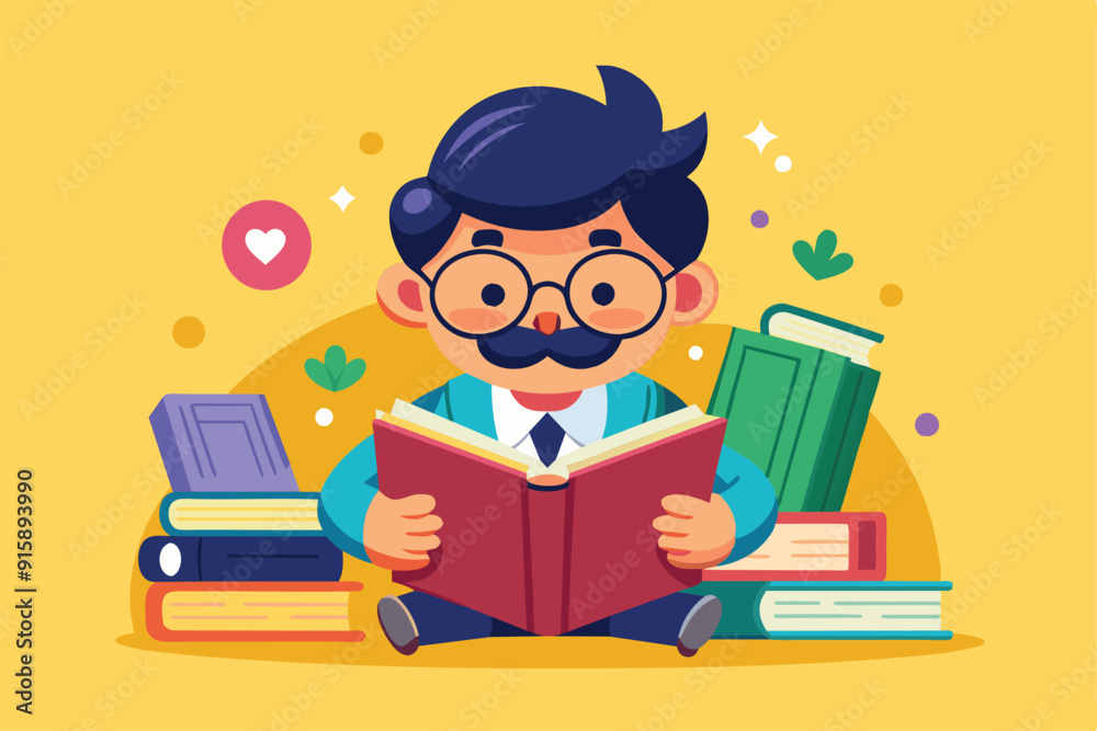 A cheerful cartoon character with glasses reads a book while surrounded by colorful stacks of books in a bright, inviting environment A cheerful cartoon character with glasses reads a book while surrounded by colorful stacks of books in a bright, inviting environment
