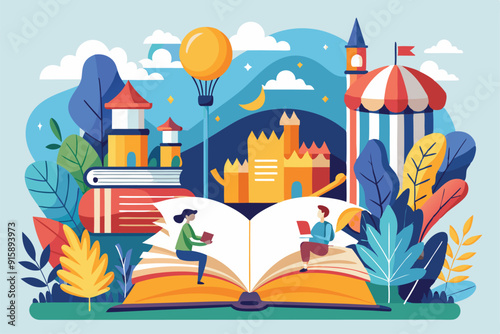 Children engage in reading during a lively book festival surrounded by colorful attractions, trees, and mountains on a sunny day
