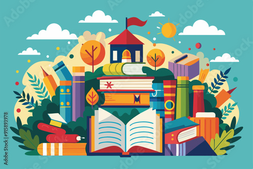 Visitors enjoy an outdoor festival filled with colorful books, showcasing literary works against a backdrop of autumn leaves and a cheerful sky