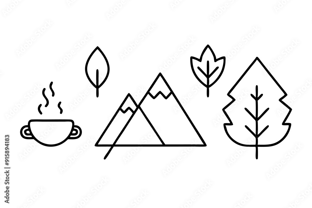 Outdoor Activities Vector Set: Hiking, Camping, Fishing, Bonfires, Fall Foliage Minimalist Thin-Line Icons Outdoor Activities Vector Set: Hiking, Camping, Fishing, Bonfires, Fall Foliage Minimalist Thin-Line Icons
