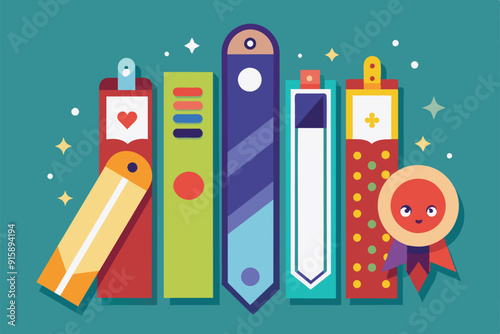 A collection of colorful and customizable bookmarks arranged in a fun layout on a bright backdrop, showcasing different designs and features