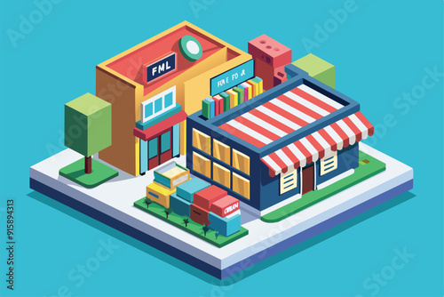 A vibrant isometric illustration showcases a customizable bookshop with colorful buildings and lively street elements in a charming neighborhood setting