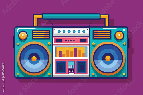 A colorful, customizable boombox design featuring large speakers and various controls, set against a vibrant purple backdrop, perfect for music enthusiasts