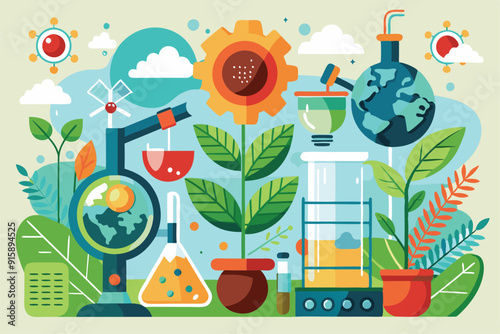 The laboratory features instruments and plants, showcasing the integration of botany, soil science, and bioengineering