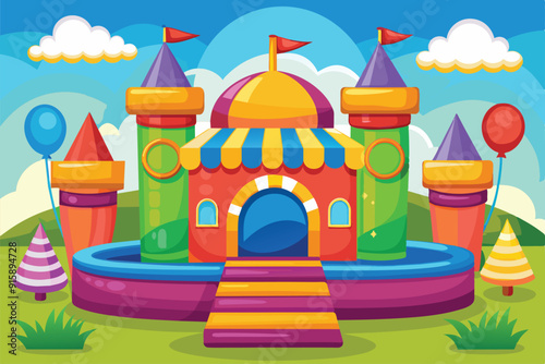 A vibrant bouncy castle features bright colors and playful design, set in a cheerful outdoor setting with balloons and playful decorations