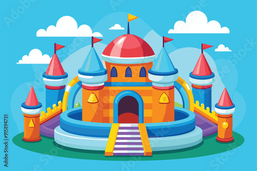 A vibrant bouncy castle with multiple towers and flags ready for children to enjoy jumping and playing outdoors on a beautiful day
