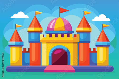 A vibrant bouncy castle sits in a sunny park, featuring colorful turrets and flags, inviting kids to enjoy jumping and playful outdoor adventures