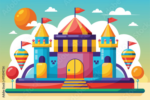 A vibrant bouncy castle with towers and flags, perfect for children’s outdoor parties, situated in a lively fun park under a clear blue sky